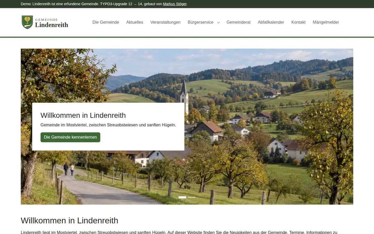 Home page of the Lindenreith municipality demo after the upgrade to TYPO3 14: main menu, photo of an orchard meadow with a church, heading “Willkommen in Lindenreith”