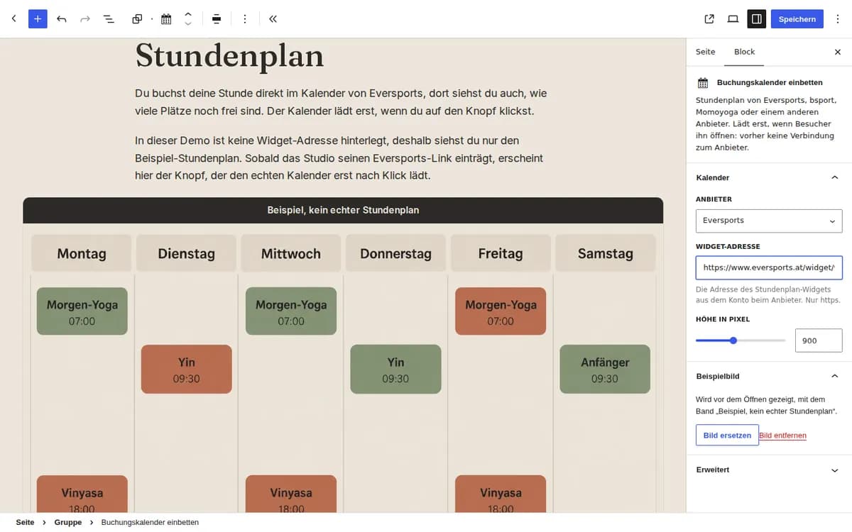 WordPress-Editor der Demo: rechts die Einstellungen des Blocks „Buchungskalender einbetten“ mit Anbieter Eversports und dem Feld Widget-Adresse, links der Beispiel-Stundenplan